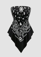 Plus Size Boho Strapless Asymmetrical Hem Top with Ethnic Print