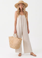 Women's Backless Spaghetti Strap Wide Leg Jumpsuit with Tie Back & Pockets