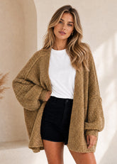 Oversized Open-Front Lantern Sleeve Knit Cardigan