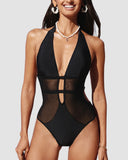 Mesh Deep V Halter One Piece Swimsuit