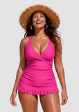 Deep V Cross-Back Ruched Two-Piece Swimsuit with Bikini Bottoms