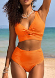 Textured Knot-Front High-Waisted Bikini Set