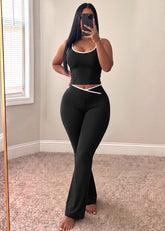 Women's Color Block Crop Tank & Flare Pants Set