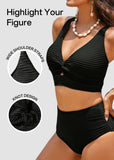 Textured Knot-Front High-Waisted Bikini Set