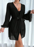 Lace Cami Nightgown & Floral Lace Trim Wide Sleeve Sheer Robe
