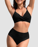 Twisted Front Color-Block High Waist Bikini Set