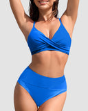 Twisted Front Color-Block High Waist Bikini Set