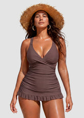 Deep V Cross-Back Ruched One-Piece Swimsuit