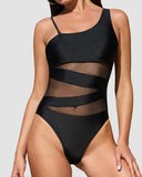 Mesh One Shoulder Slimming One Piece Swimsuit