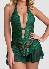 Sexy Hollow Lace Strappy Crotchless See-Through Bodysuit