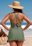 Deep V Cross-Back Ruched Two-Piece Swimsuit with Bikini Bottoms