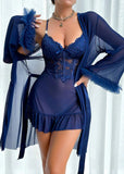 Lace Cami Nightgown & Floral Lace Trim Wide Sleeve Sheer Robe