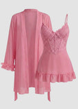 Lace Cami Nightgown & Floral Lace Trim Wide Sleeve Sheer Robe
