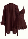 Lace Cami Nightgown & Floral Lace Trim Wide Sleeve Sheer Robe