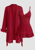 Lace Cami Nightgown & Floral Lace Trim Wide Sleeve Sheer Robe