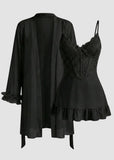 Lace Cami Nightgown & Floral Lace Trim Wide Sleeve Sheer Robe