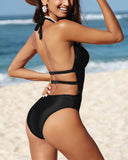 Mesh Deep V Halter One Piece Swimsuit
