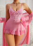 Lace Cami Nightgown & Floral Lace Trim Wide Sleeve Sheer Robe
