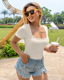 Sexy Ribbed Square Neck Thong Bodysuit (2 Pcs)