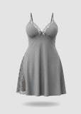 Plus Size Lace-Trim Cotton Nightdress with Side Slit & Adjustable Straps