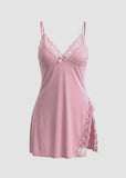 Sexy Milk Silk Lace Babydoll Nightdress with Side Slit
