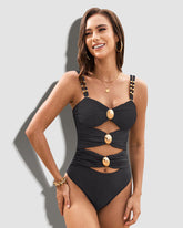 Gold Beads Detailing Cut-Out Ruched One Piece Swimsuit