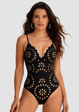 Floral Laser-Cut Hollow One-Piece Swimsuit with Skirt