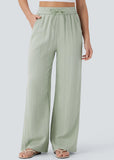 High-Waisted Linen-Feel Wide Leg Pants with Drawstring & Pockets