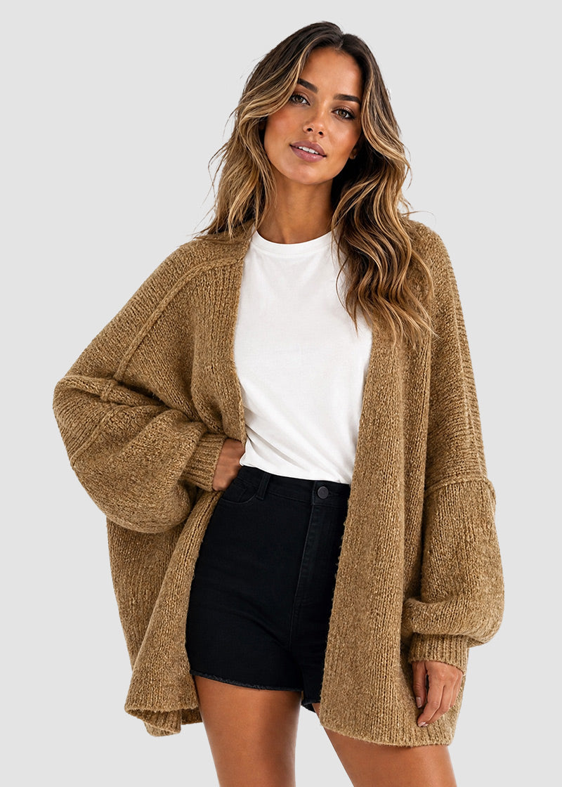 Oversized Open-Front Lantern Sleeve Knit Cardigan