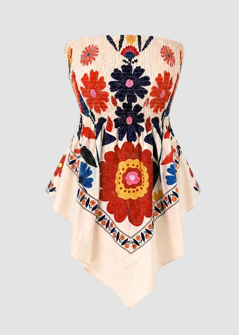 Plus Size Boho Strapless Asymmetrical Hem Top with Ethnic Print