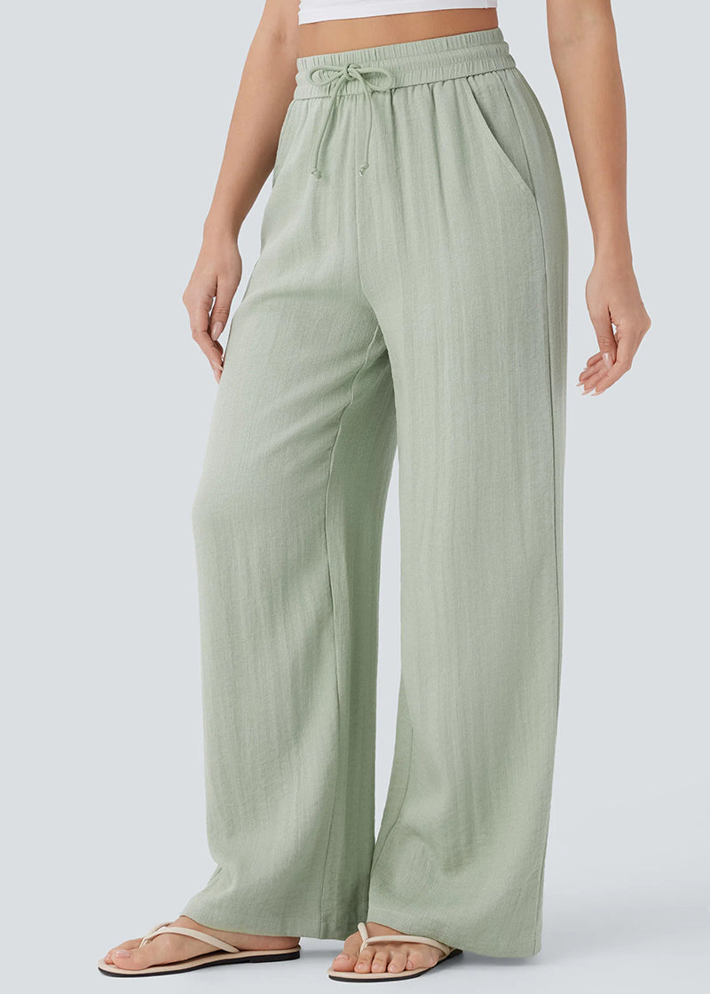 High-Waisted Linen-Feel Wide Leg Pants with Drawstring & Pockets