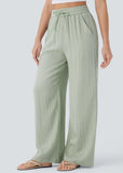 High-Waisted Linen-Feel Wide Leg Pants with Drawstring & Pockets