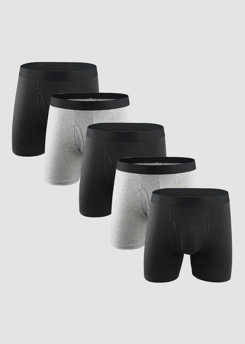 Men's Cotton Long Leg Boxer Briefs with Fly - 5 Pack