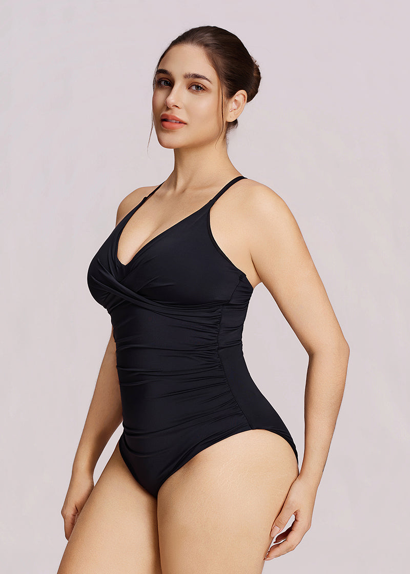Sculpting Ruched Cross-Front One-Piece Swimsuit