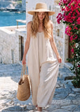Women's Backless Spaghetti Strap Wide Leg Jumpsuit with Tie Back & Pockets