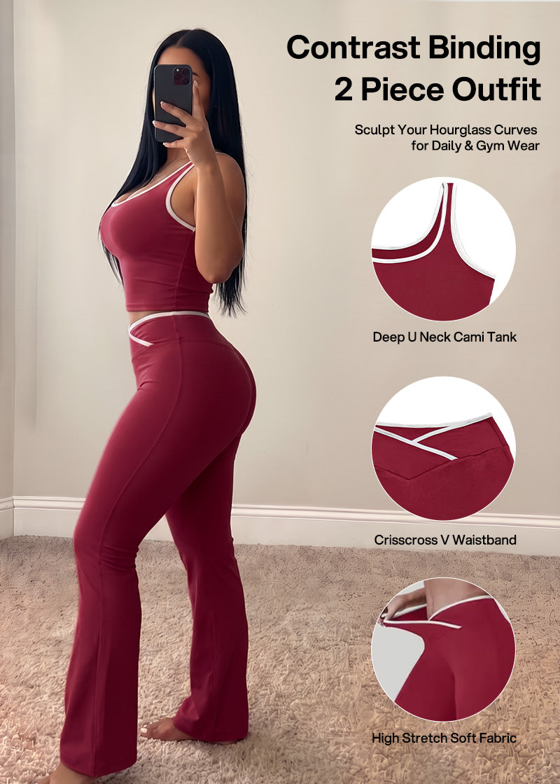 Women's Color Block Crop Tank & Flare Pants Set