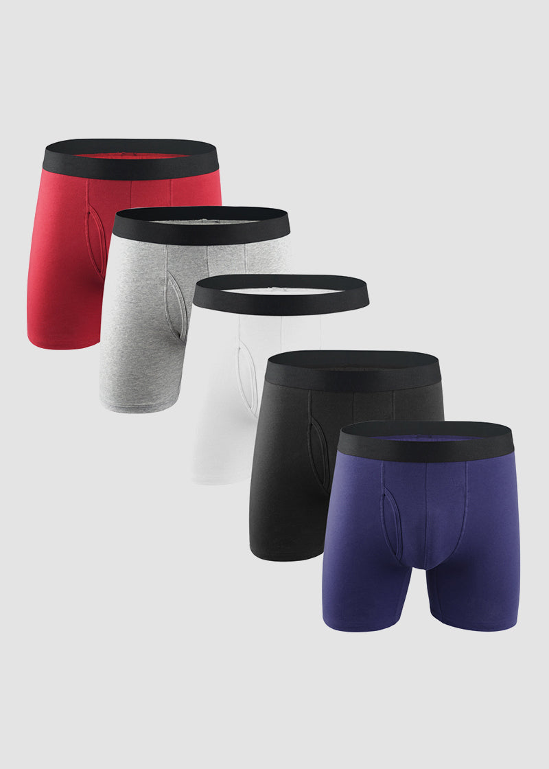 Men's Cotton Long Leg Boxer Briefs with Fly - 5 Pack
