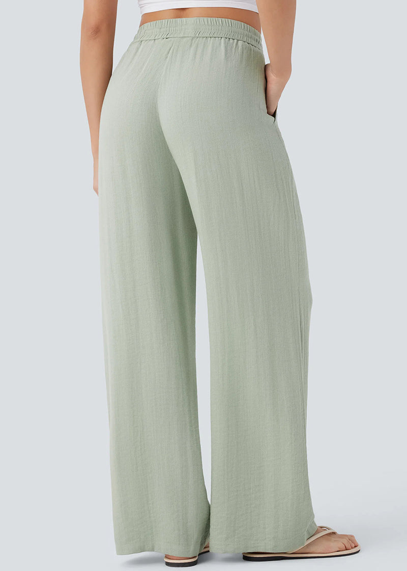 High-Waisted Linen-Feel Wide Leg Pants with Drawstring & Pockets