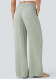 High-Waisted Linen-Feel Wide Leg Pants with Drawstring & Pockets