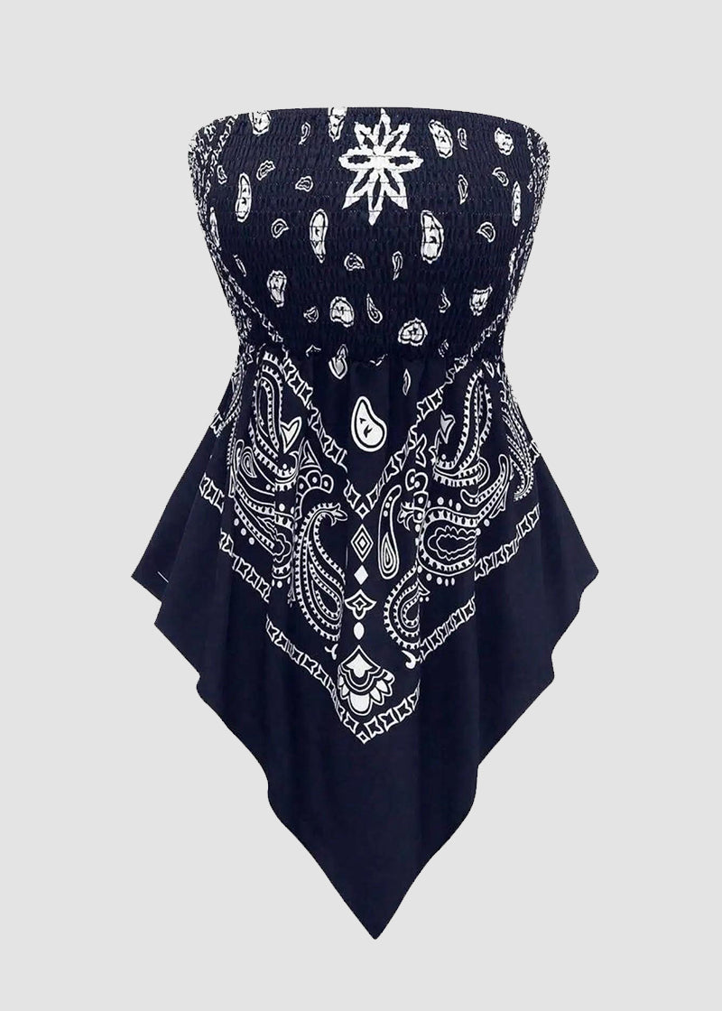 Plus Size Boho Strapless Asymmetrical Hem Top with Ethnic Print