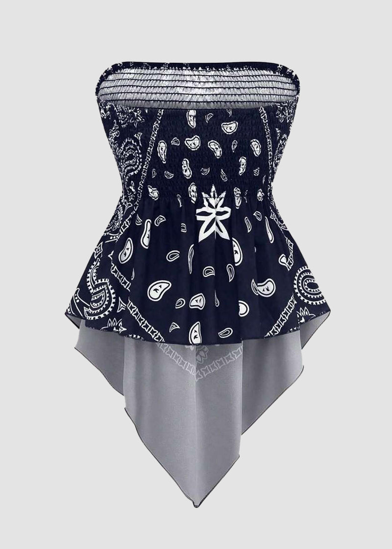 Plus Size Boho Strapless Asymmetrical Hem Top with Ethnic Print