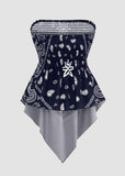 Plus Size Boho Strapless Asymmetrical Hem Top with Ethnic Print