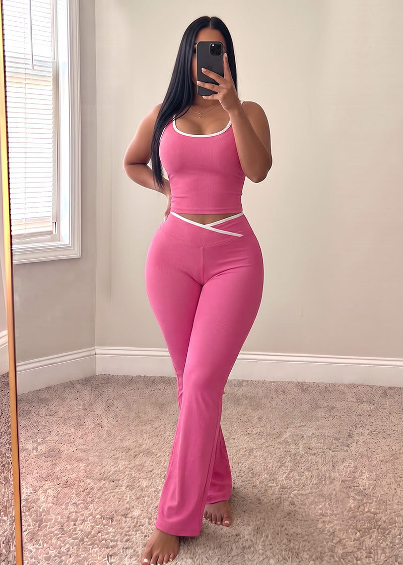 Women's Color Block Crop Tank & Flare Pants Set