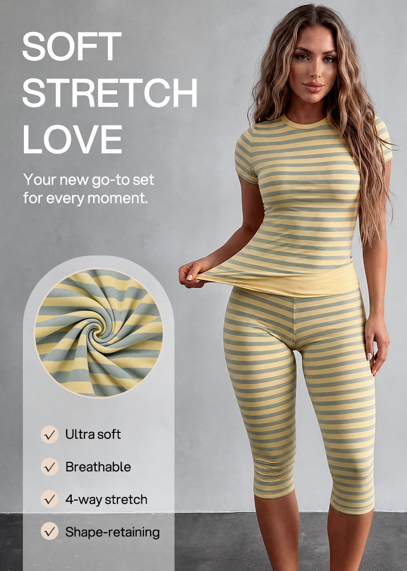 Striped Crop Top & Capri Leggings 2-Piece Set