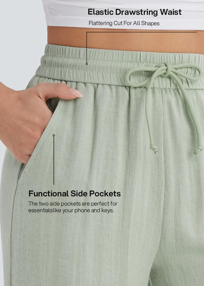 High-Waisted Linen-Feel Wide Leg Pants with Drawstring & Pockets