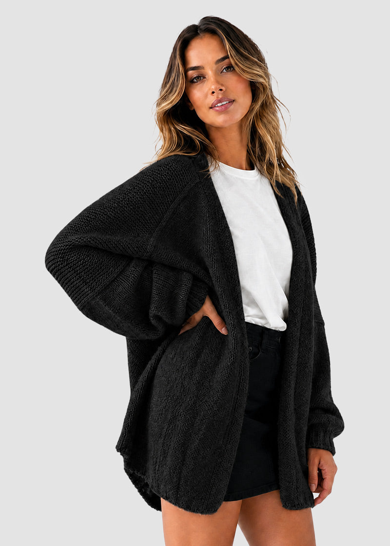Oversized Open-Front Lantern Sleeve Knit Cardigan