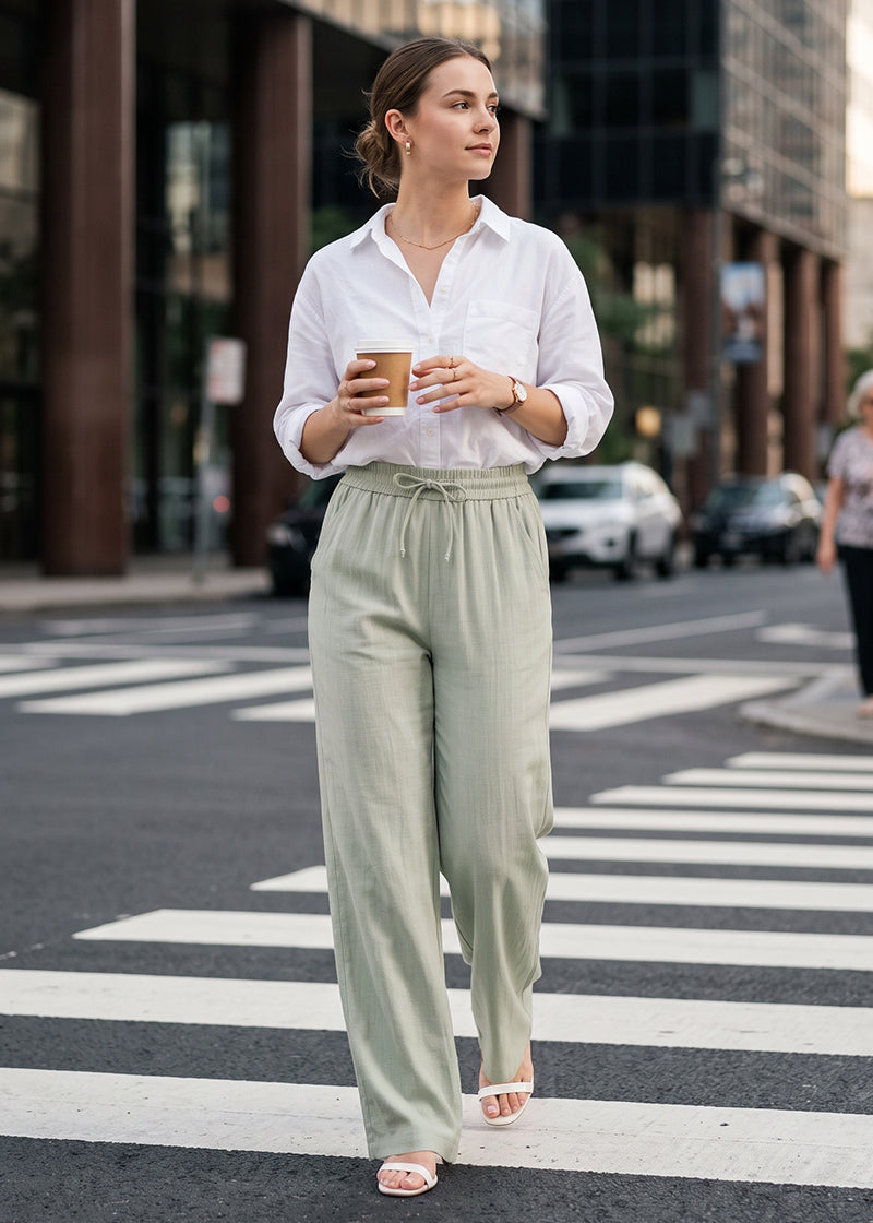 High-Waisted Linen-Feel Wide Leg Pants with Drawstring & Pockets