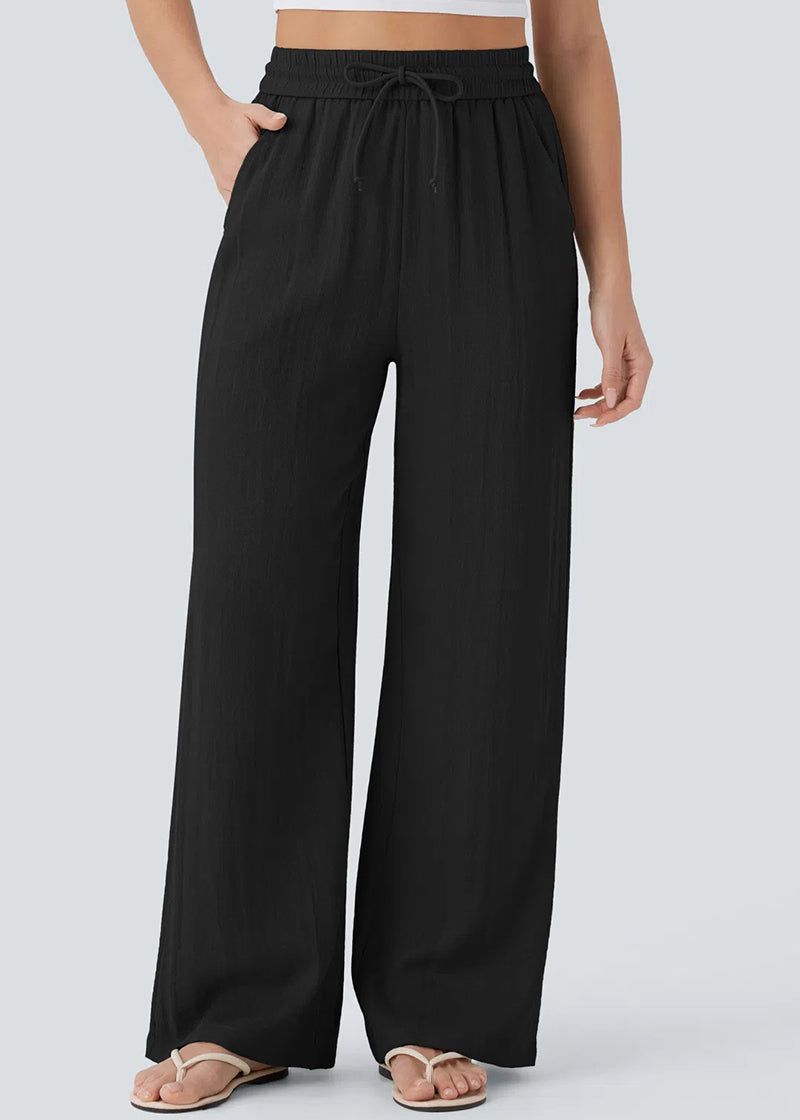 High-Waisted Linen-Feel Wide Leg Pants with Drawstring & Pockets