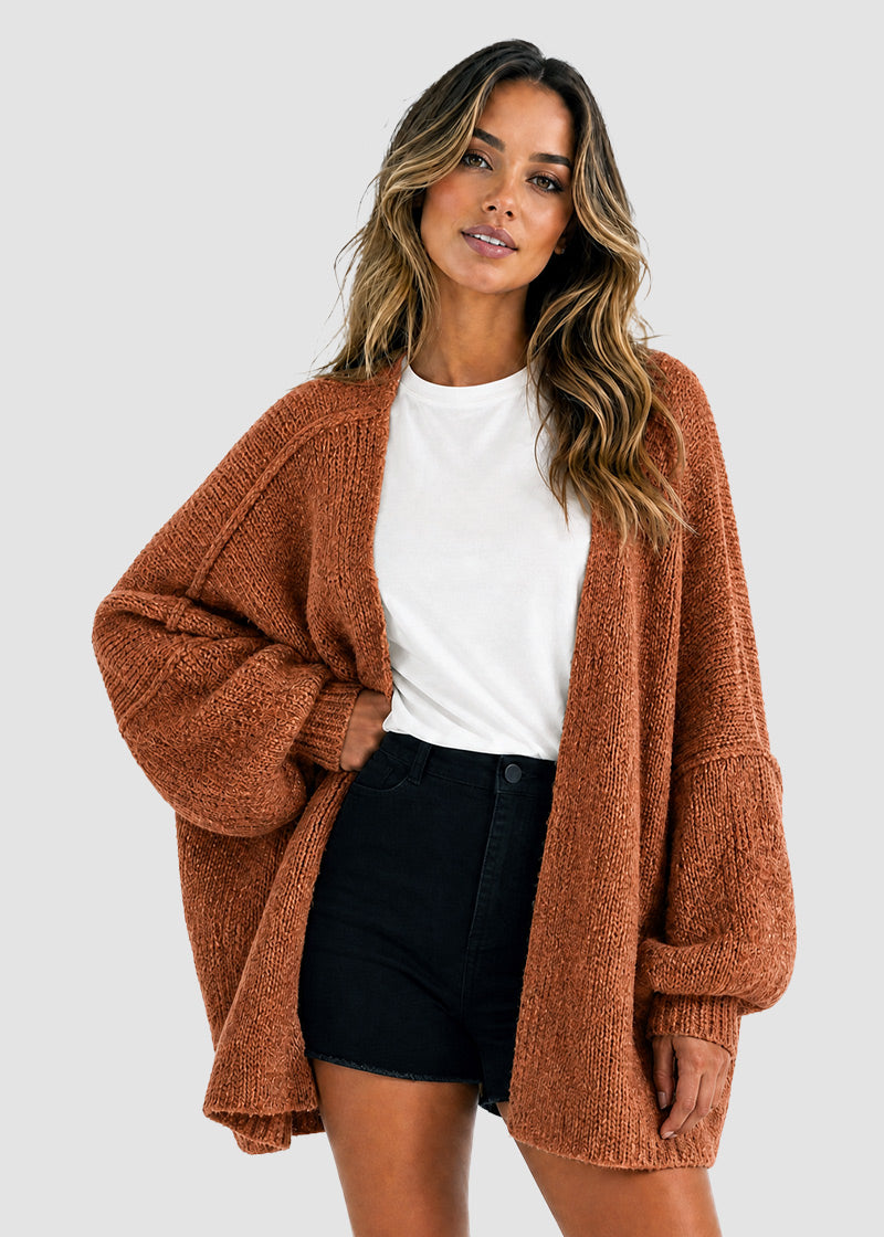 Oversized Open-Front Lantern Sleeve Knit Cardigan