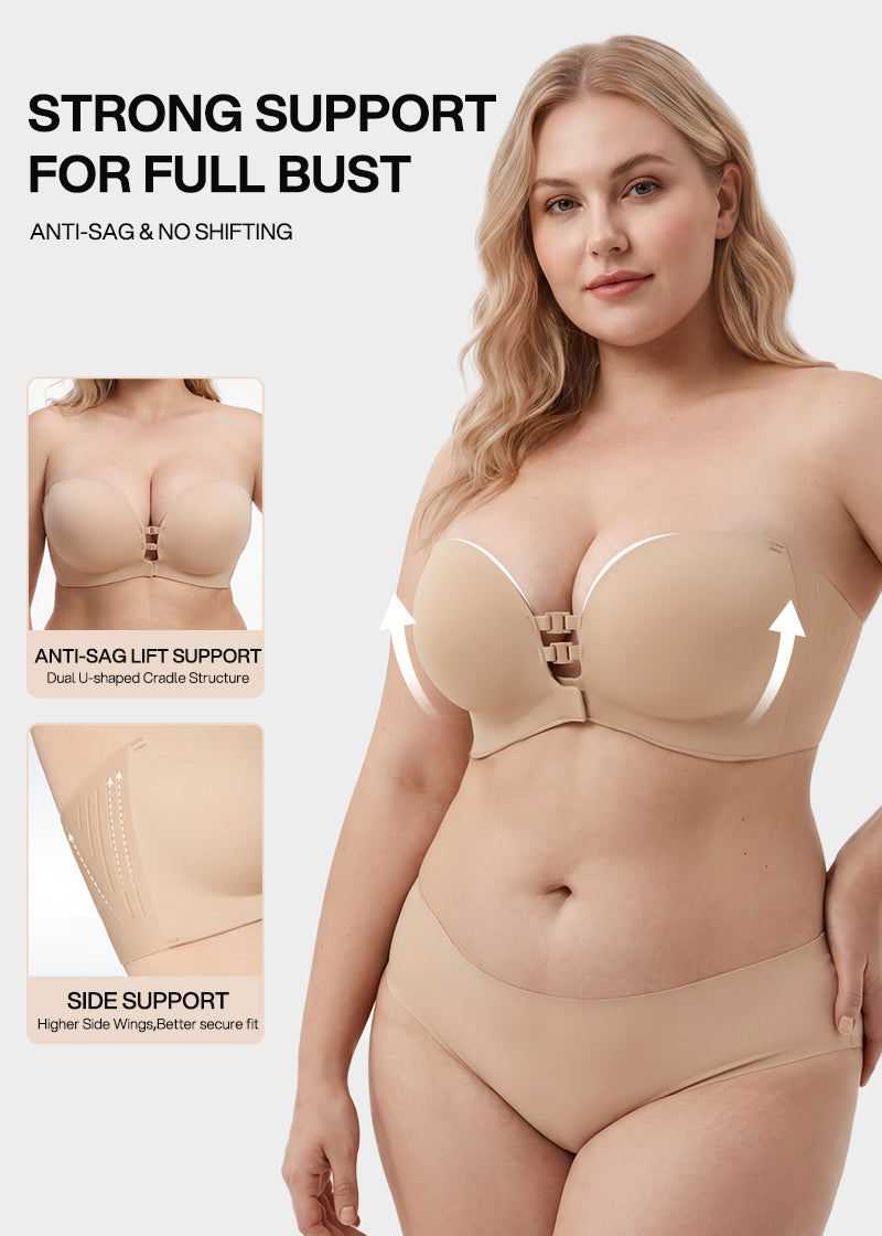 Seamless Strapless Push Up Bra with Front Closure & Removable Straps